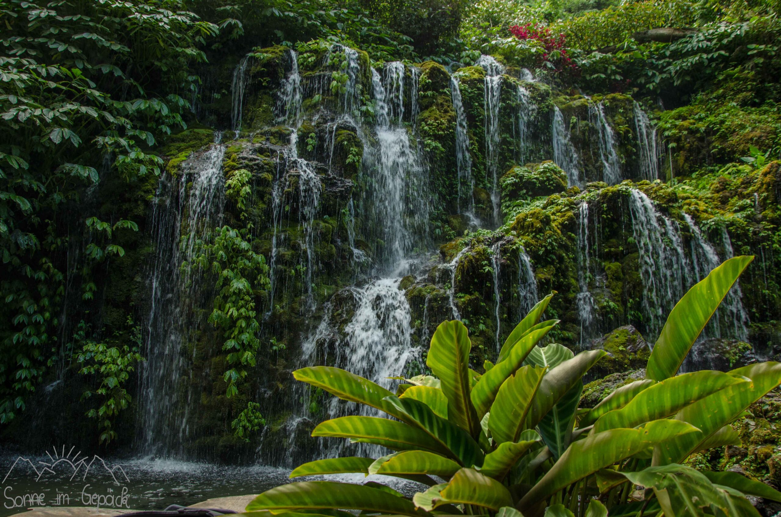 Wasserfall mit Kaskaden läuft über den Dschungel.