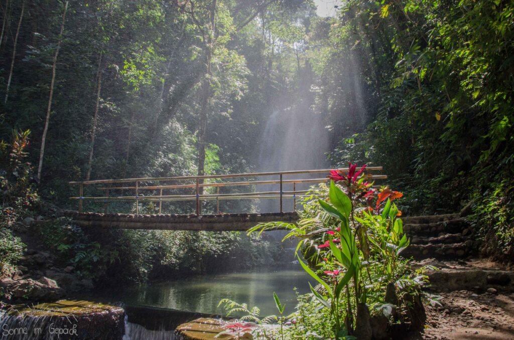 Brücke vor Wasserfall im Dschungel.