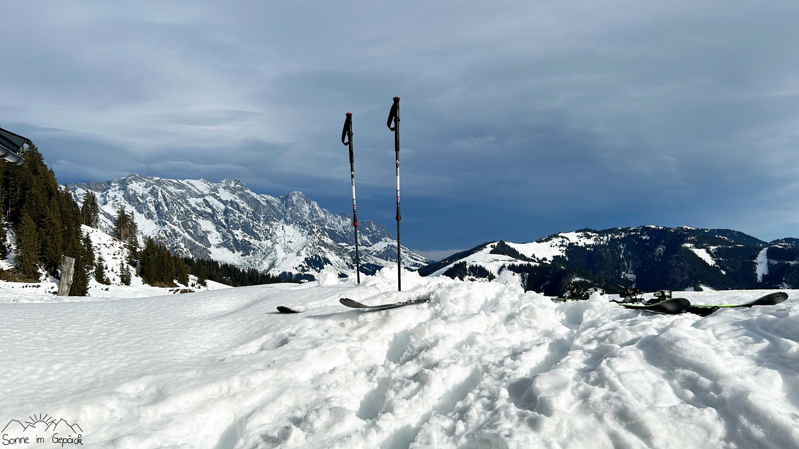 Ski vor einer Bergkulisse.